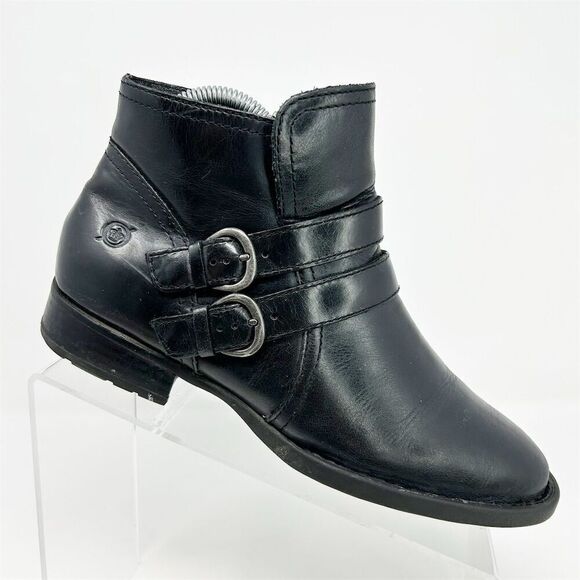 Born Women's Black Leather Ankle Booties Size 7.5 Casual Zip Buckle - Picture 1 of 11